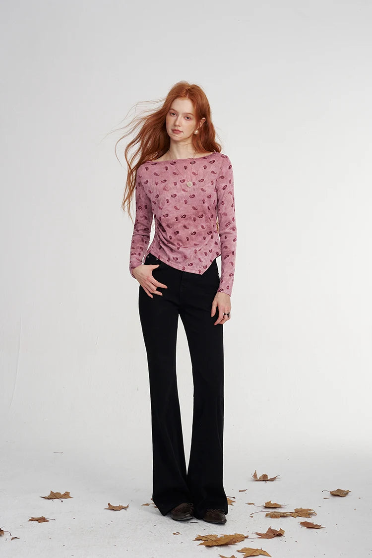 Women's Vintage Long Sleeve Top with Paisley Print, Asymmetrical Casual Tee for Everyday, Chic Cozy Pullover Top