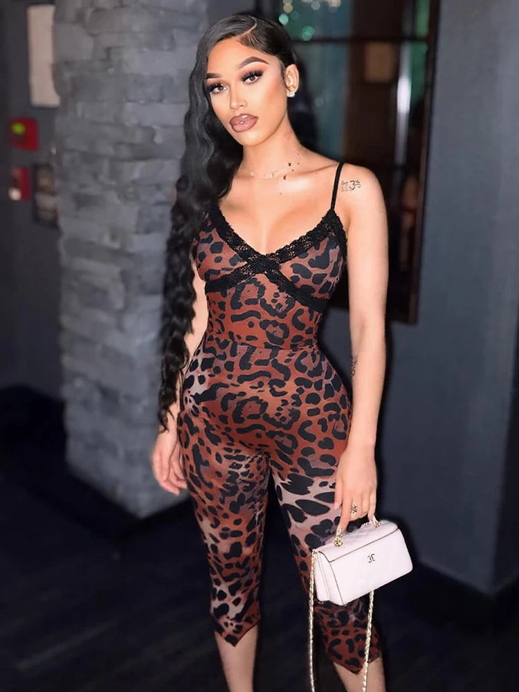 Sexy Camis Romper Women Lace Leopard Print Patchwork Skinny Stretch Sexy Clubwear Workout Midnight Playsuit Overalls