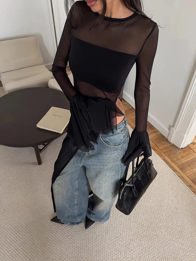 Sexy Irregular Hem T-Shirt Women Patchwork o-Neck Flared Sleeves Summer Midnight Sexy Hottie Fashion Split Long Tops