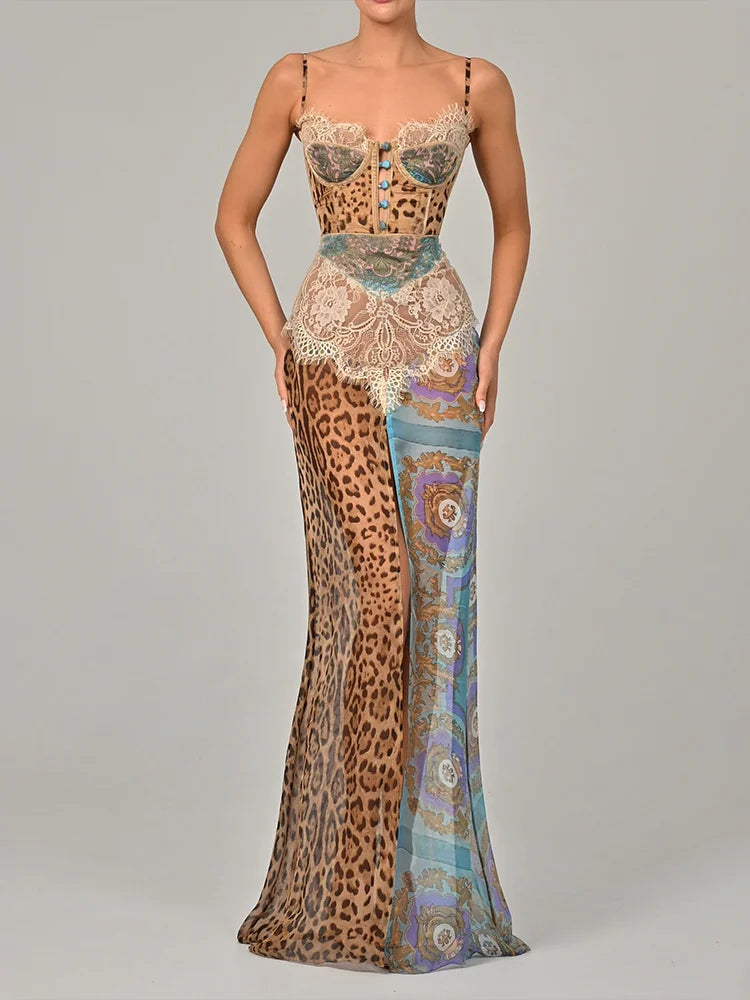 See Through Maxi Dress Women Sexy Patchwork Leopard Print High Slits Single-Breasted Hollow Summer Vacation Vestidos
