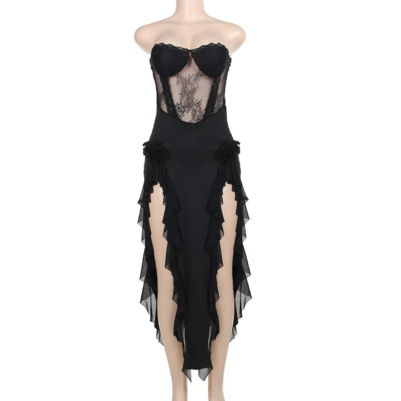 Sexy Black See Through Lace Tube Dress 3d Floral Appliques Ruffle Split Long Dresses for Women Party Outfits