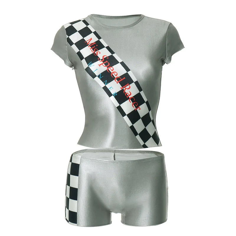 Sexy 2pc Outfit for Woman Checkered Letter Print Graphic Crop Top and Shorts Matching Sets Y2k Streetwear