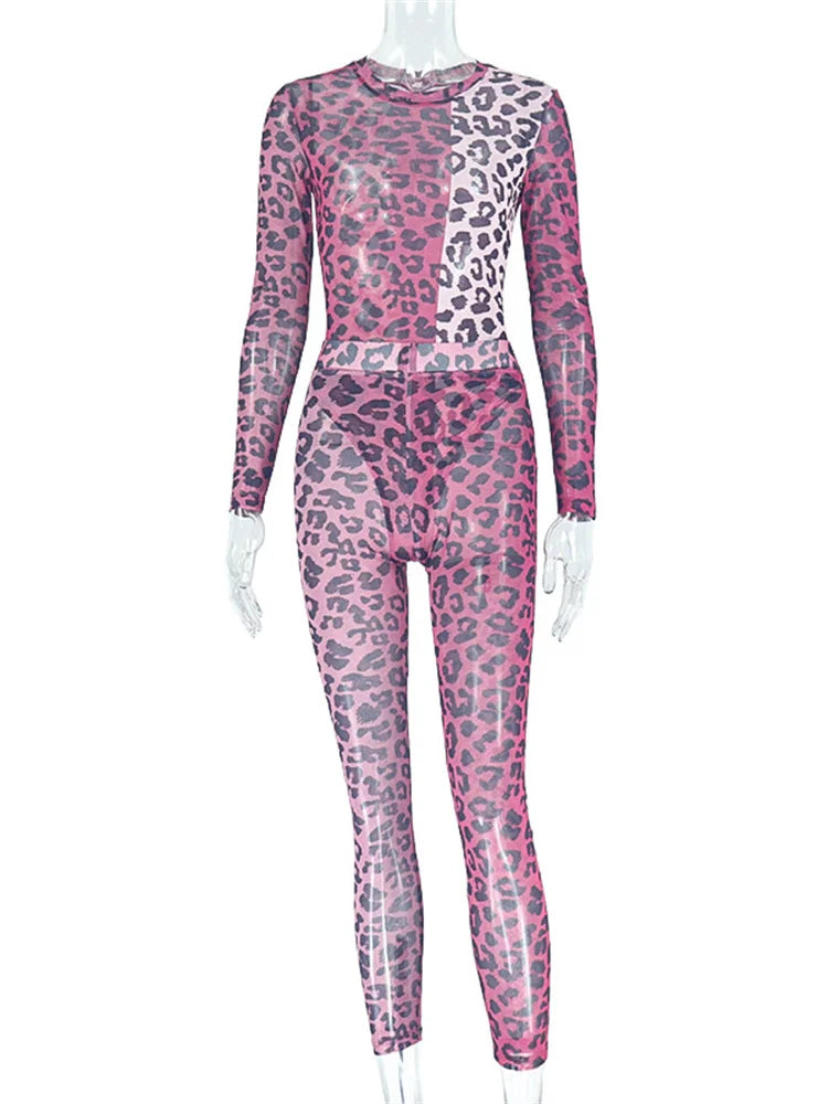 See Through Women 2 Piece Set Sexy Rave Leopard Print Bodysuit+Leggings Body Shaping Tight Matching Activity Clubwear