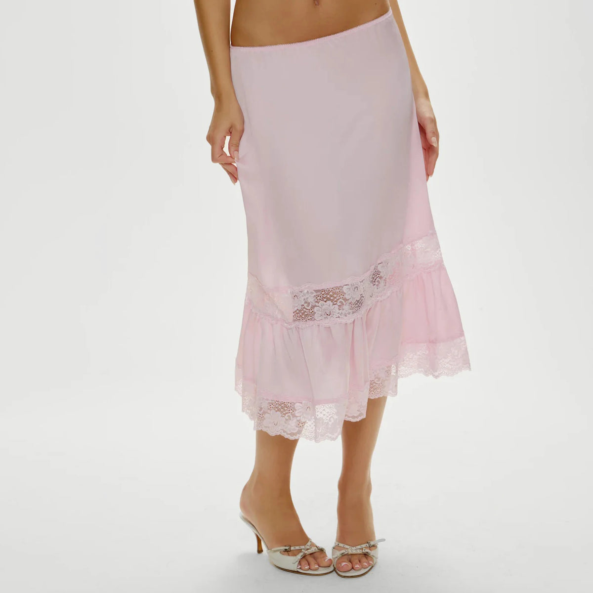 Women Half Slip Long Skirt Lace Trim Satin Underskirt Elastic Waist Aline Silky Slips Skirt for Under Dress Party Club