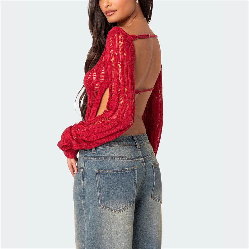 Women Open Back Knit Top Hollow Out Ripped Sweaters Long Sleeve Distressed Sheer Backless Crochet Crop Tops Vintage