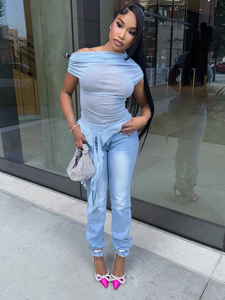 Sexy Sequins Glitter Skew Collar Crop Tops Women Irregular Ruffles Tassel Midnight Coquette Club Summer Trend Tees