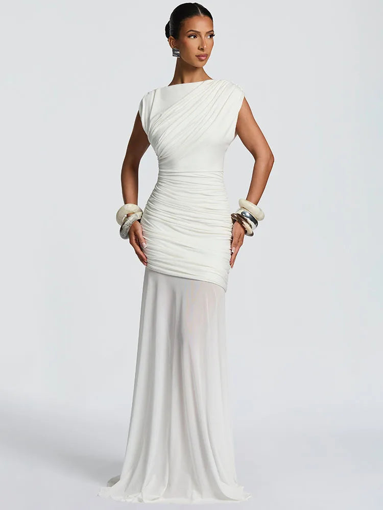Sleeveless Ruched Sexy Maxi Dress Women Gown Elegant Patchwork Mesh O Neck High Waist Skinny Club Party Long Dresses