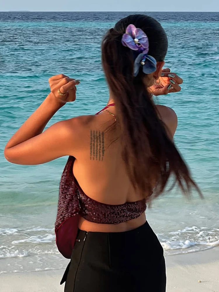 Y2K Sequins Sexy Camisole Women Backless Swing Collar Glitter Beach Vacation Wild Midnight Club Summer Trend Vest