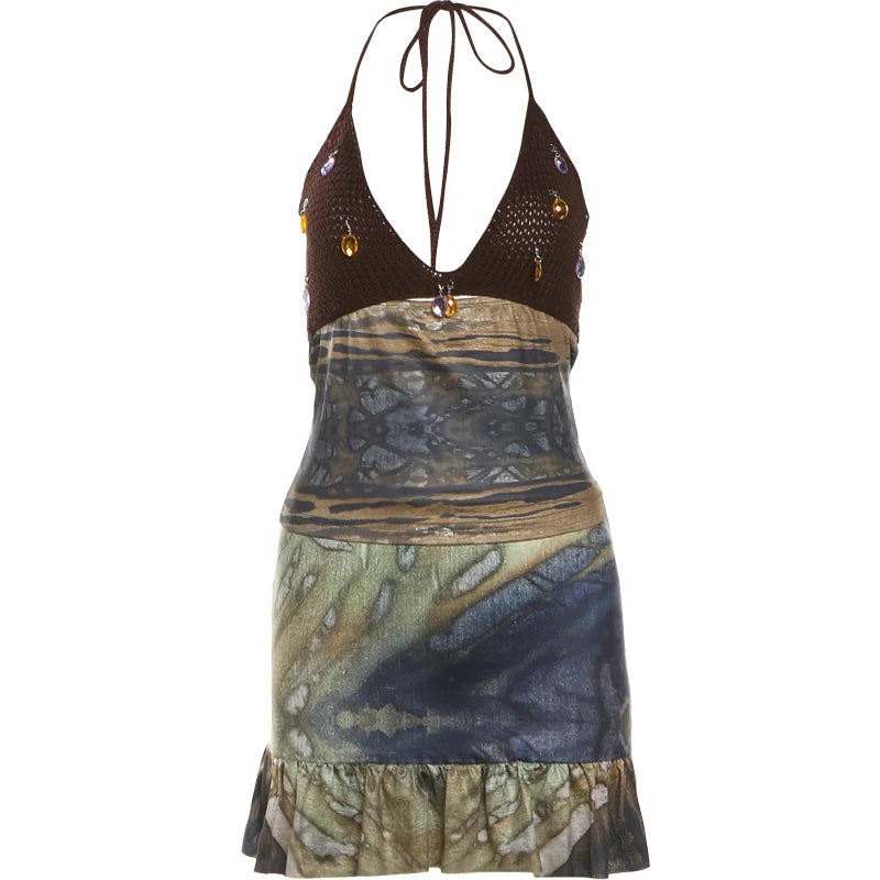 Vintage Women Set Knit Patchwork Diamond TasselsRuffles Hem Skirts+ Halter Backless Tops 2 Piece Vacation Clubwear