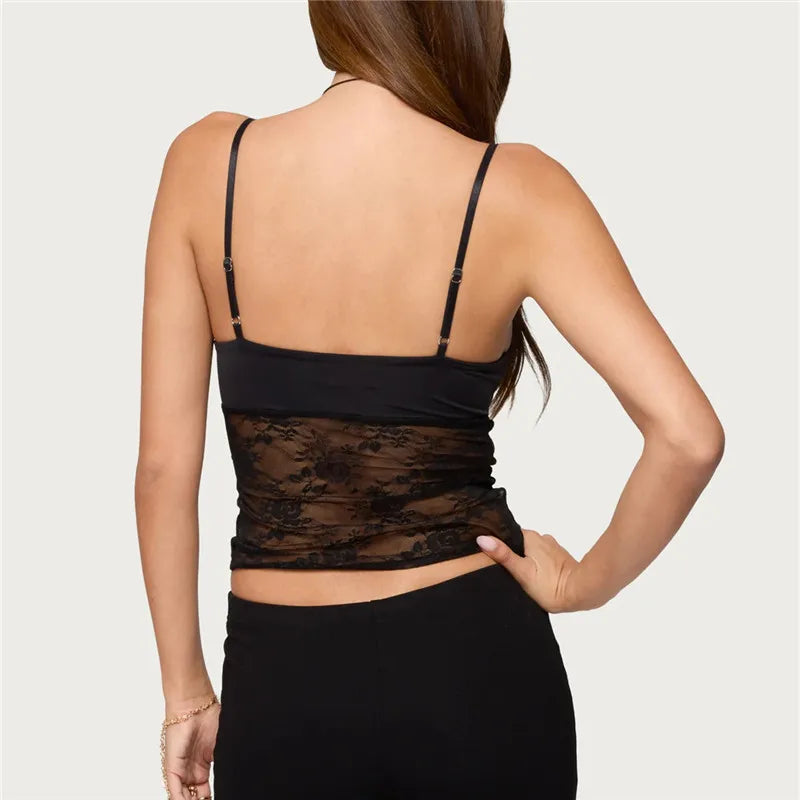 Women Lace Cami Top Spaghetti Strap Cutout Bustier Sheer Floral Mesh Cropped Tank Top For Summer Casual Streetwear