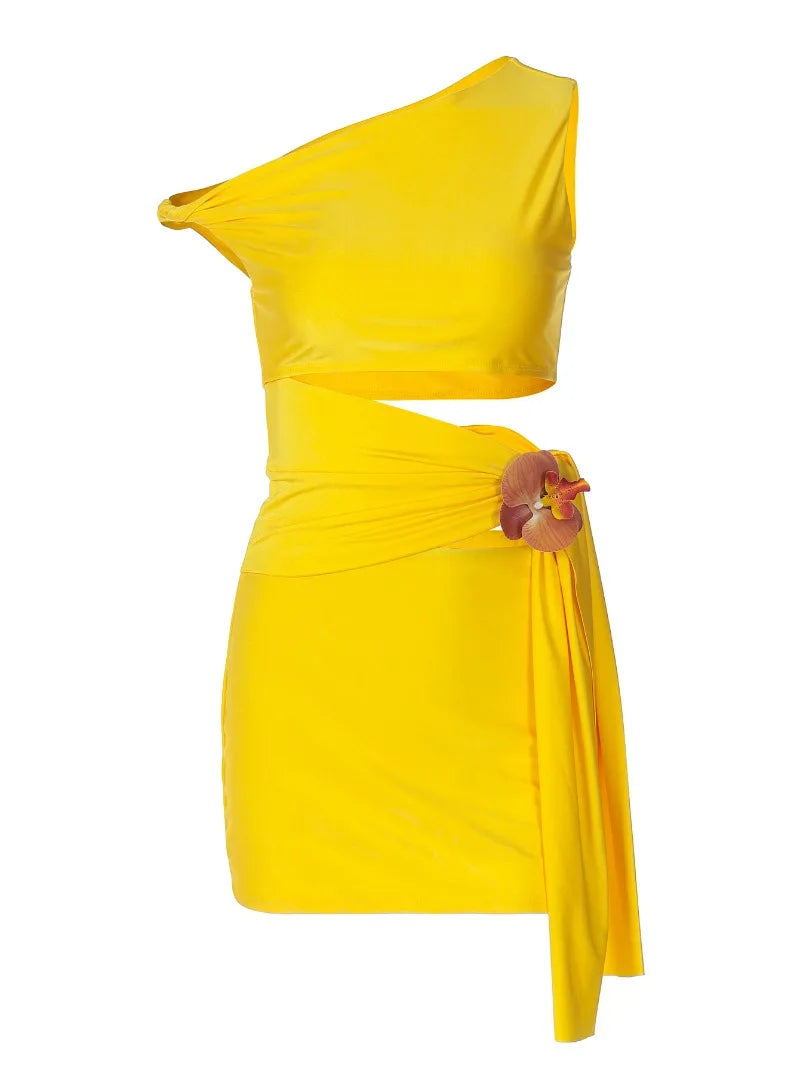 Asymmetrical Cutout One Shoulder Mini Dress Yellow Black Sexy Beach Vacation Dresses for Summer Outfits