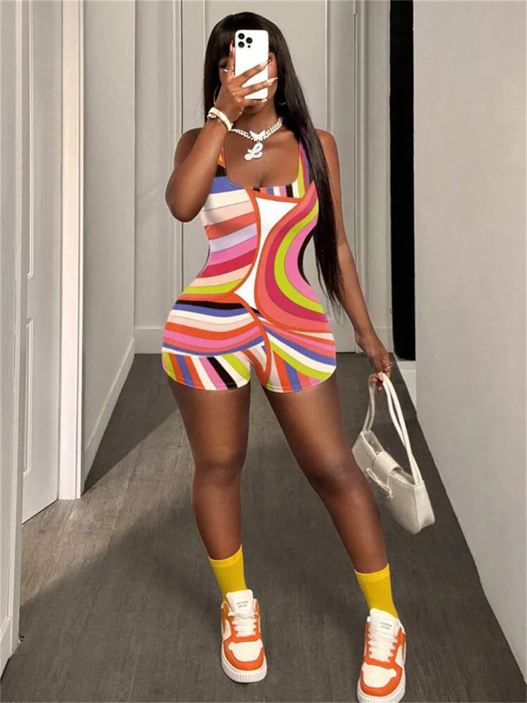 Fashion Print Playsuits Women Square Collar Backless Skinny Peach Hip Hot Girls Midnight Trend Sexy Club Party Romper