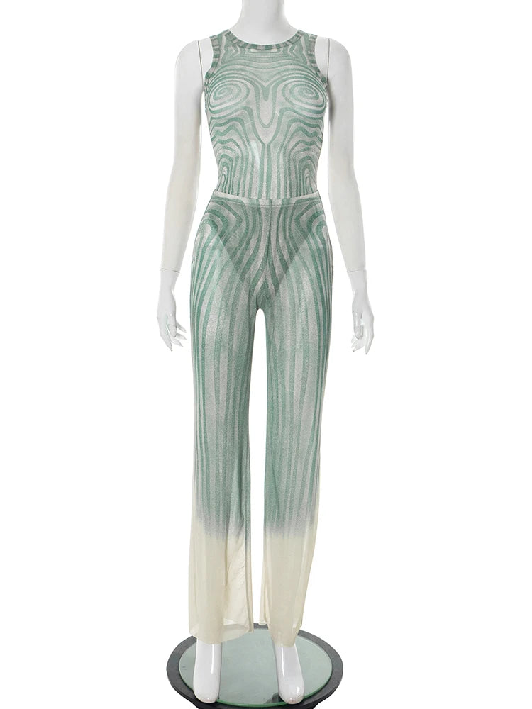 Geometric Print Patchwork 2 Piece Set Women o-Neck Skinny Bodysuit+Wide-leg Trousers Midnight Club Party Sexy Outfits