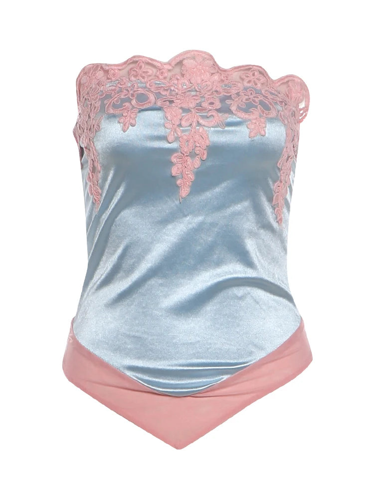 Irregular Hem Tank Top Women Patchwork Satin Lace Flower Sweet Style Music Festival Beach Party Summer Streetwear