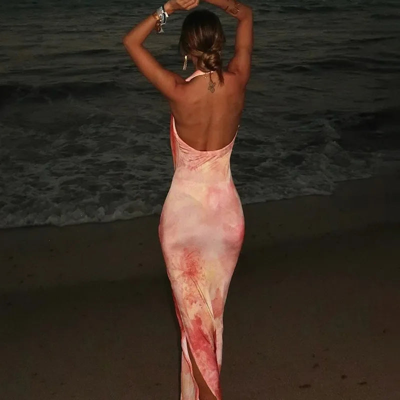 Sexy Printed Halter Backless Split Long Dresses Vacation Outfits for Womens Summer Beach Dress