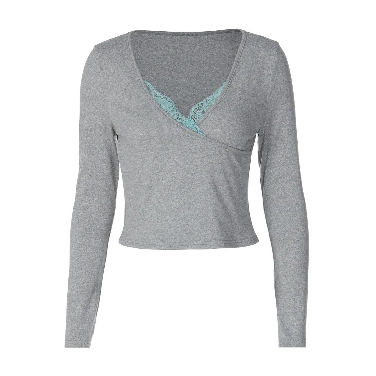 Lace Trim V Neck Long Sleeve Top Gray T Shirt Fashion 2026 Woman Fall Clothes