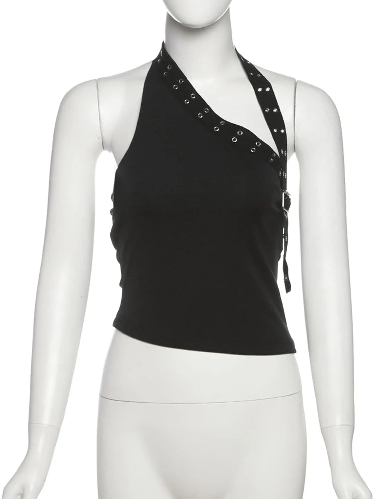 Sexy Hipster Hollow 3-Piece Set Women Biased Collar Backless Tank Tops+Rivet Waistband+Simple Shorts Midnight Suit