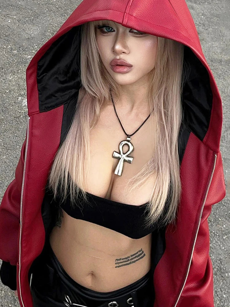 PU Hooded Jacket Women Autumn Trend Zip Spider Print Pocket Patchwork Hip Hop Punk Simple Wild Street Clubwear Coat