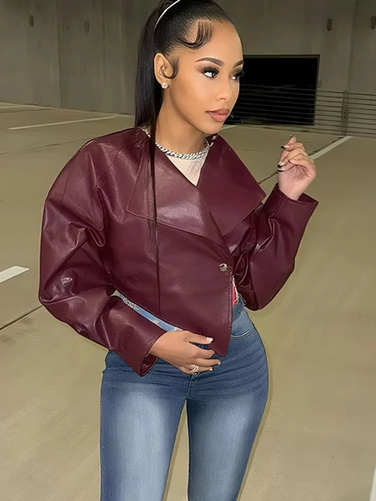 Single Button Crop Jacket Women Hipster Irregular Faux Leather Fall Trend Wild Basic Sexy Cross Neck Streetwear Coat