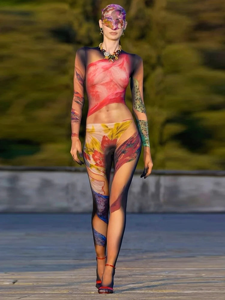 Colorful Print Jumpsuit Women Sexy o-Neck Full Sleeve Skinny Peach Hip Hot Girls Street Fashion Wild Style Overalls