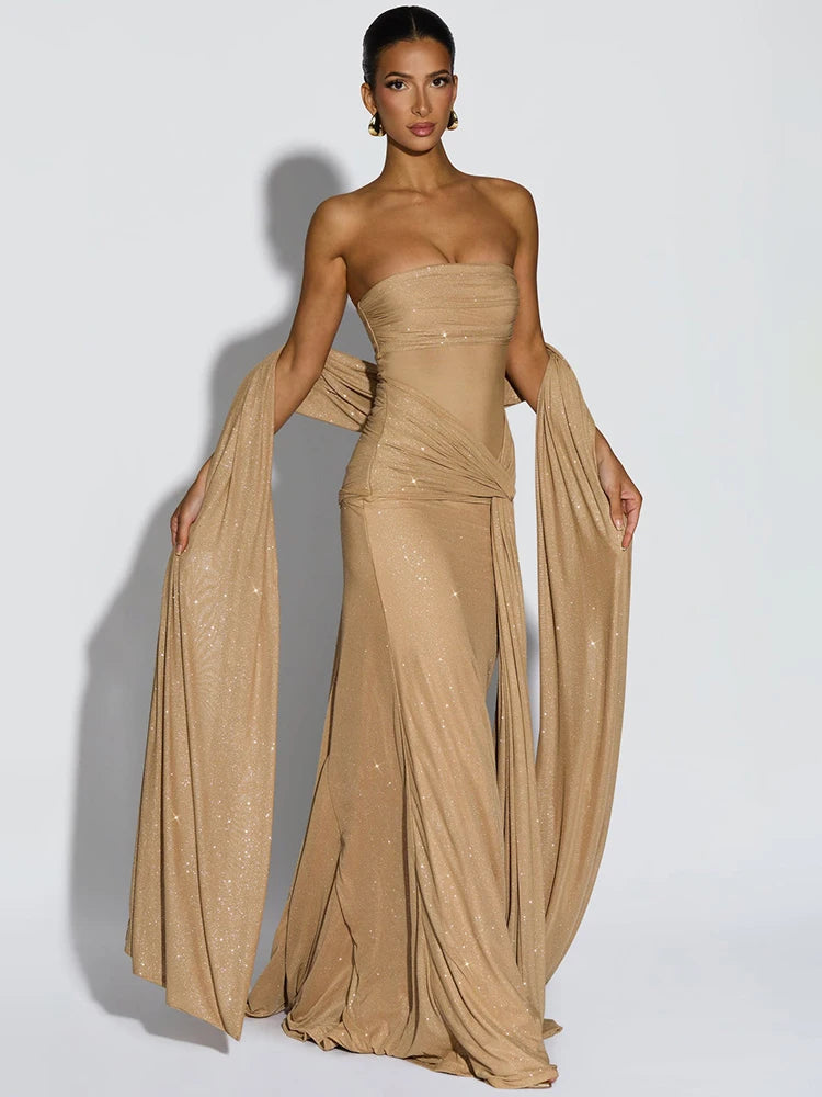 Sparkle Strapless Draped Sexy Maxi Dress Women Elegant Off-shoulder Sleeveless Backless Ruched Club Party Long Dress
