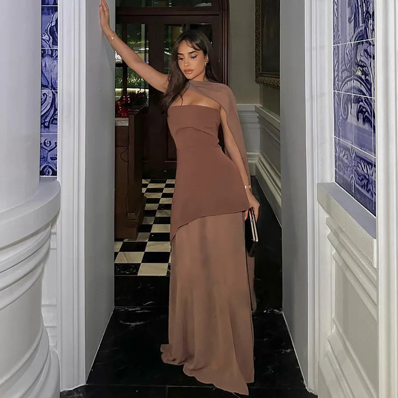 Sheer Mesh Splicing Tube Dress with Scarf Elegant Backless Split Long Dresses Woman Party Outfits