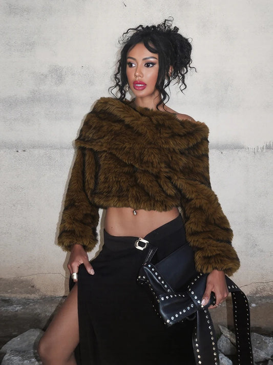 Warm Furry Sweater Woman Y2K Luxury Patchwork Winter Trend Skew Collar Full Sleeve Streetwear Wild Skinny Crop Coat