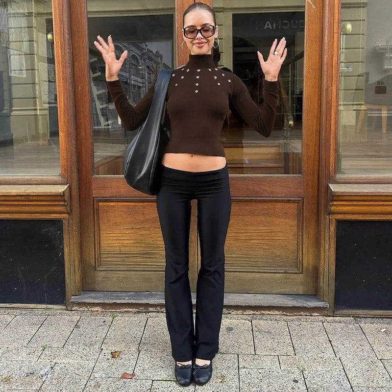 Shell Buckle Turtleneck Long Sleeve Top Brown Knit Tight Fitted T Shirts Fashion 2025 Autumn Clothes for Woman