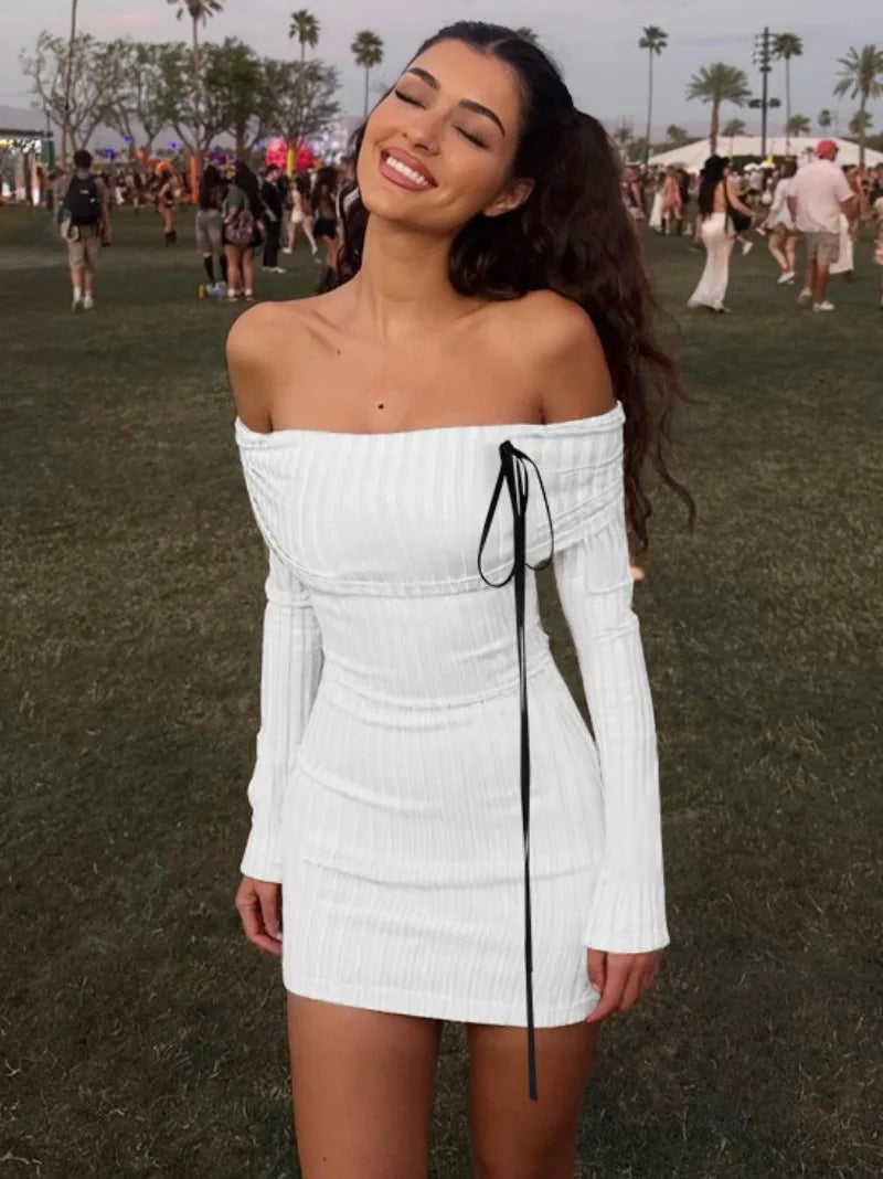 Knitted White Bodycon Dress Off The Shoulder Long Sleeve Short Dresses Sexy Outfits Women Clothes Fall 2025