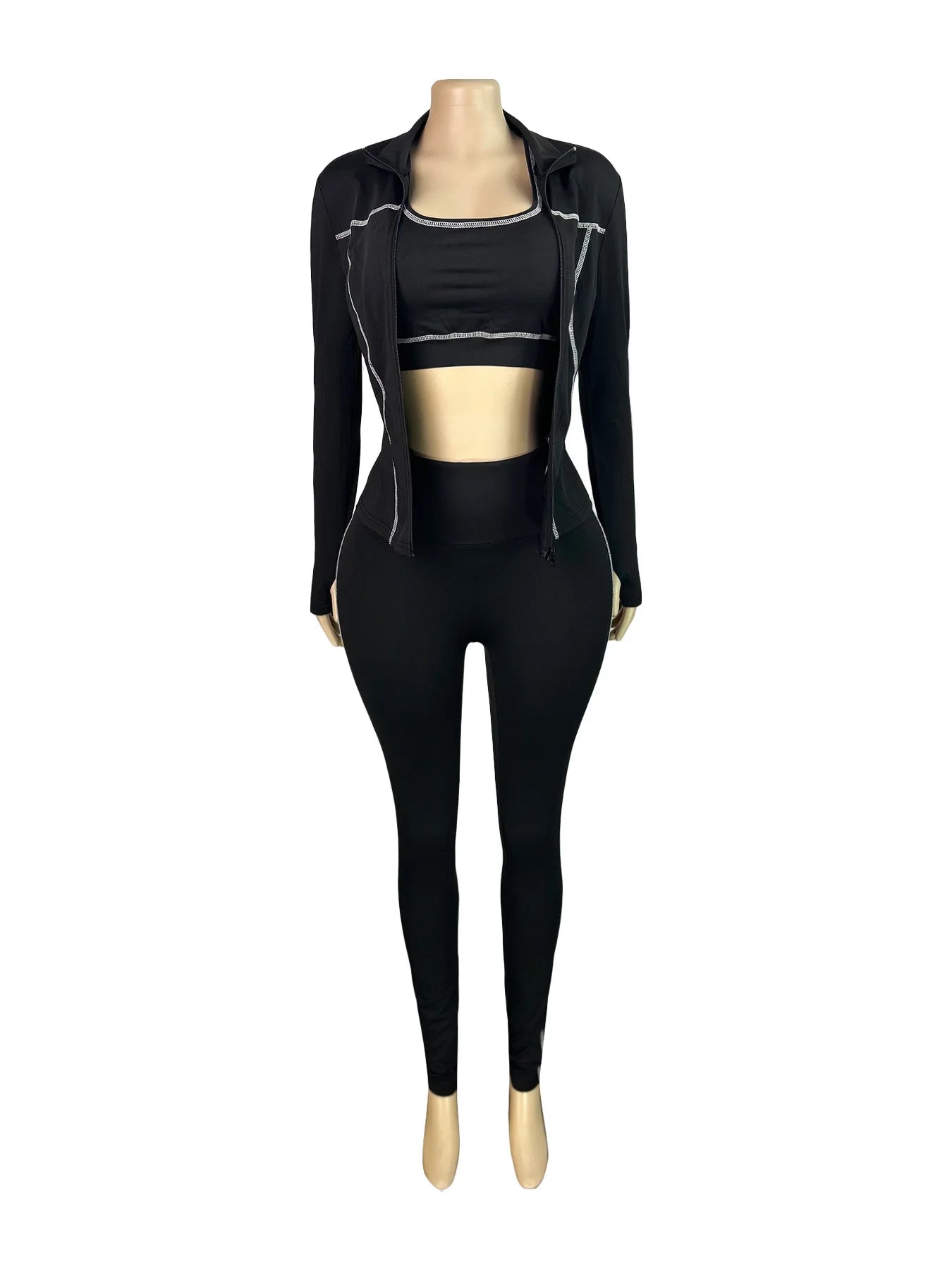 Casual 3 Piece Set Women Tracksuit Elastic Vest+Zip Jacket+Leggings Matching Street Sporty Fitness Street Shapewear