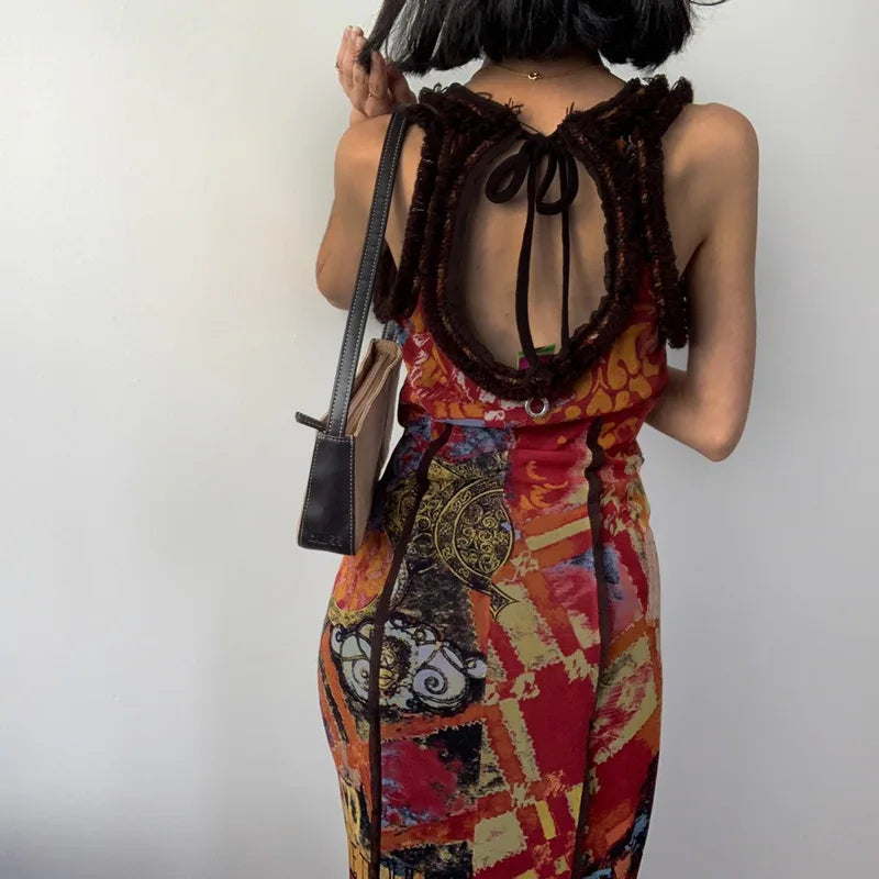 Y2k Retro Tie Dye Print Long Dresses for Women Sexy Hollow Out Lace Up Backless Maxi Dress 2000s Aesthetic