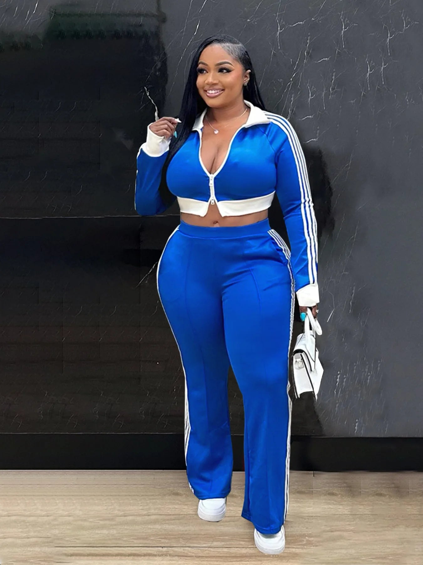 Sporty 2 Piece Set Women Tracksuit Casual Patchwork Zip Long Sleeves Crop Top+Stretch Pants Matching Street Outfits