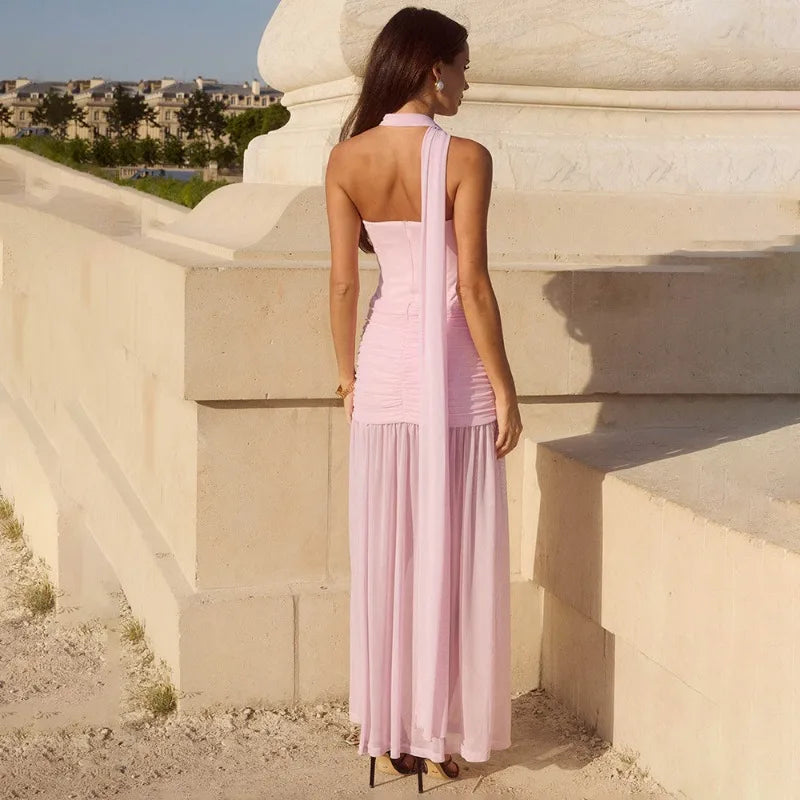 Transparent Mesh Patchwork Strapless Maxi Dress with Scarf Pink Black Elegant Party Dresses for Woman