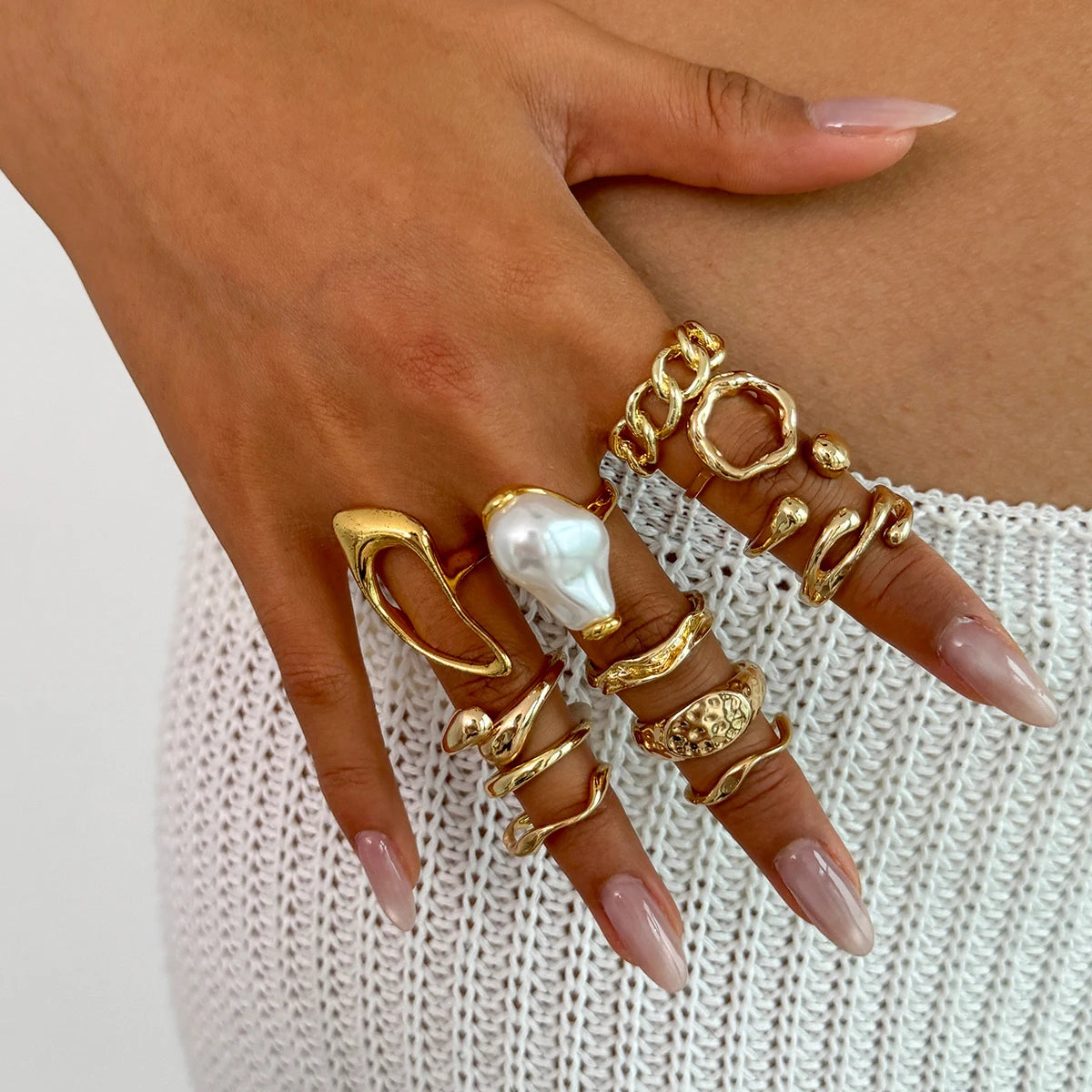 12Pcs/Set Vintage Imitation Pearl Water Drop Open Rings for Women Goth Irregular Geometric Ring Wedding Finger Jewelry