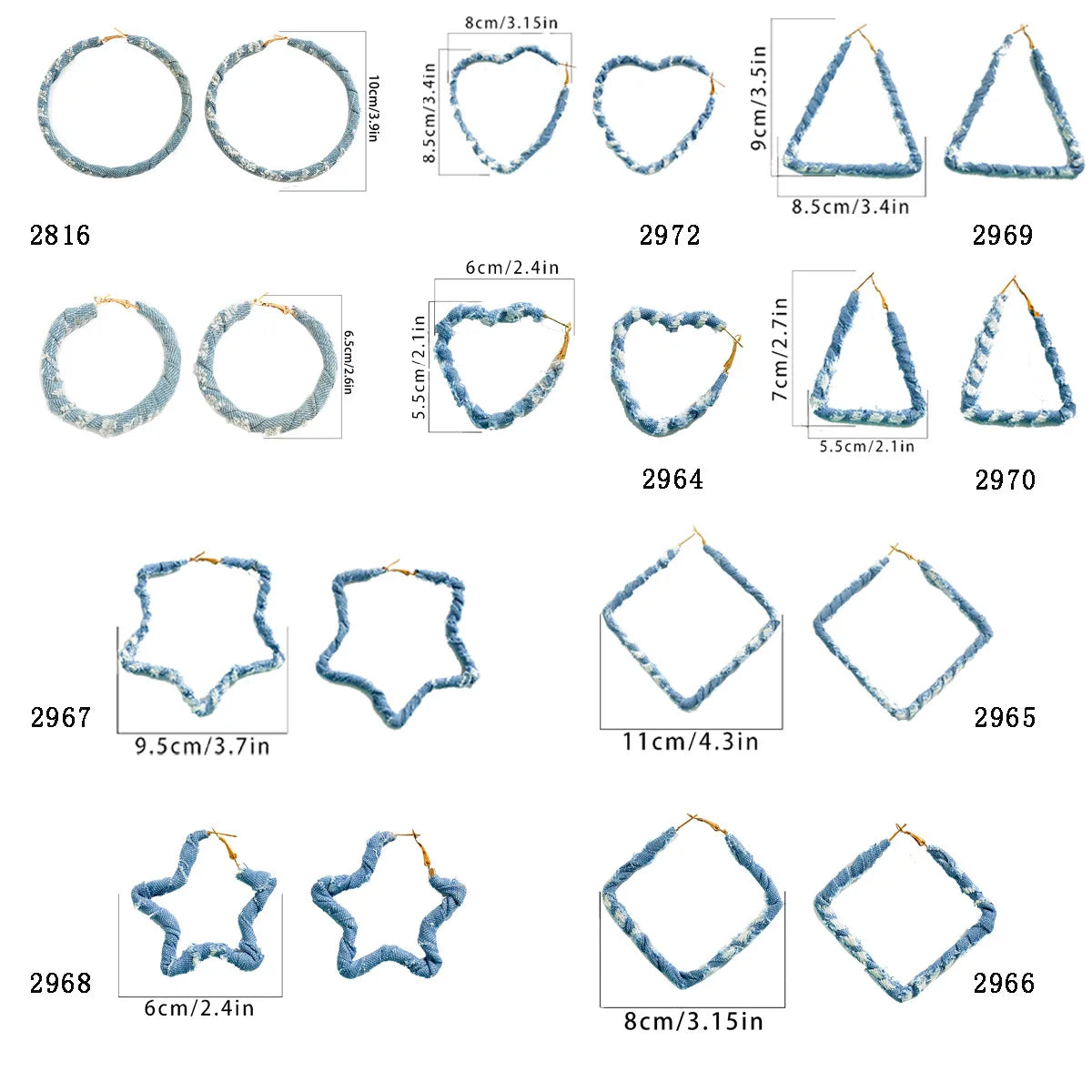High Quality Exaggerated Blue Denim Hoop Earrings for Women Vintage Big Star Round Triangle Square Geometric Earring Y2K Jewelry