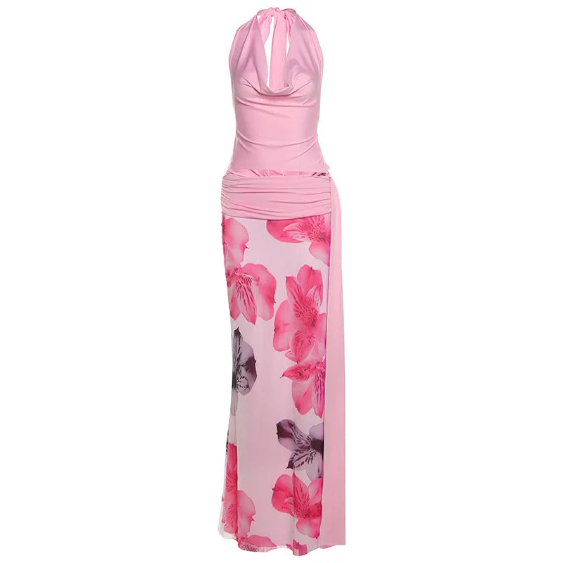 Halter Top and Floral Mesh Split Long Skirt Suit Two Piece Set Summer Resort Wear Ladies Summer Outfits