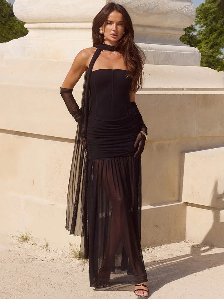 Transparent Mesh Patchwork Strapless Maxi Dress with Scarf Pink Black Elegant Party Dresses for Woman