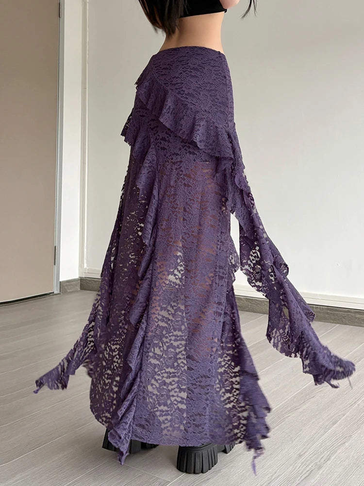 Tassels Women Skirts Chic Irregular Hem Multi-Layered Ruffles Lace Patchwork Summer Trend Skinny Versatile Bottoms