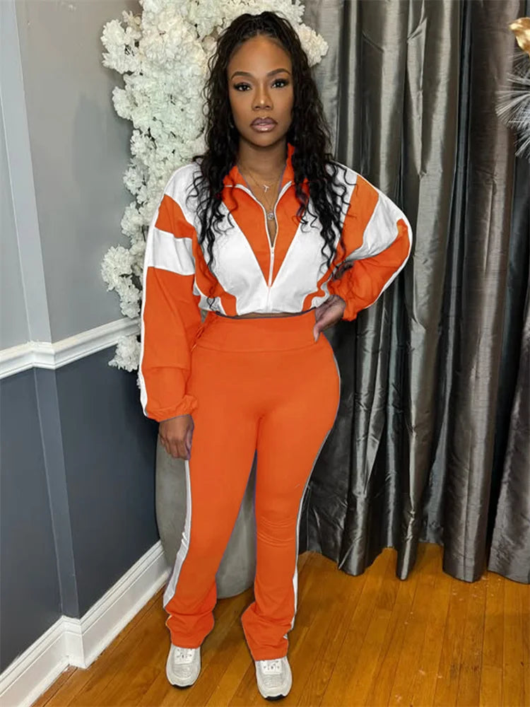 Contrast Patchwork Tracksuit 2 Piece Set Women Zipper Cardigan Jacket+Skinny Pants Casual Fashion Simple Sporty Suit