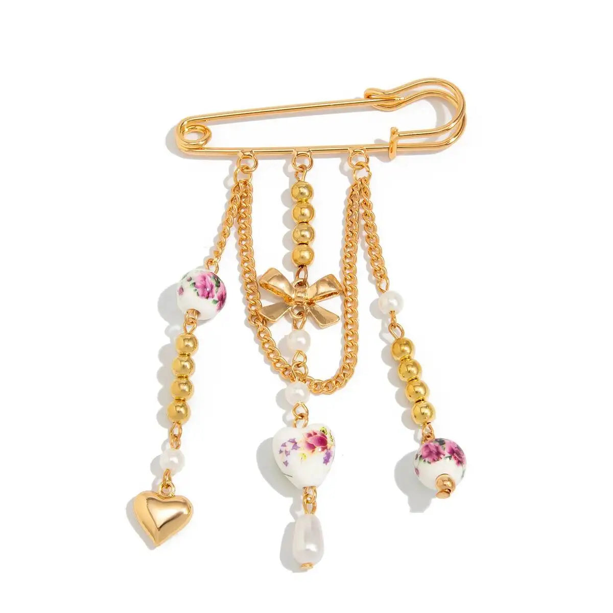 Elegant Ceramic Love Heart Beads Bowknot Tassel Brooch for Women Fashion Dress Suit Collar Pins Clip Party Jewelry Gift