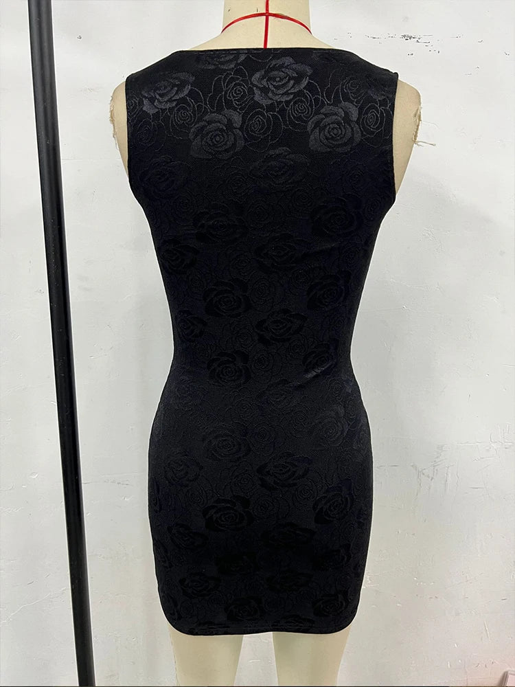 Rose Jacquard Hollow Dress Y2K Sleeveless Metal Rings Hipster Chic Sexy Midnight Shapewear Stretch Club Mini Bodycon