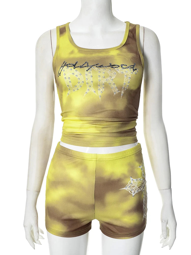 Rhinestones Letter 2 Piece Set Women Tracksuit Casual Ribbed Tank Tops+Bike Shorts Matching Skinny Street Outfits