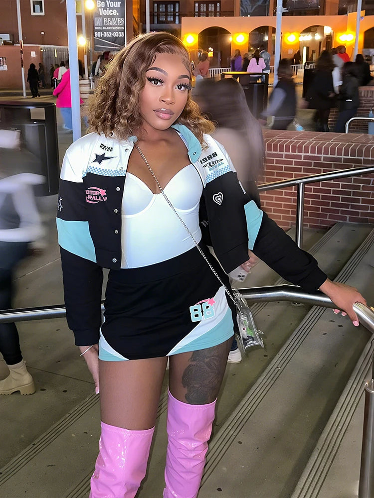 Letter Print 2 Piece Set Women Tracksuit Patchwork Button Crop Jacket+Skirts Matching Streetwear Sporty Casual Outfits