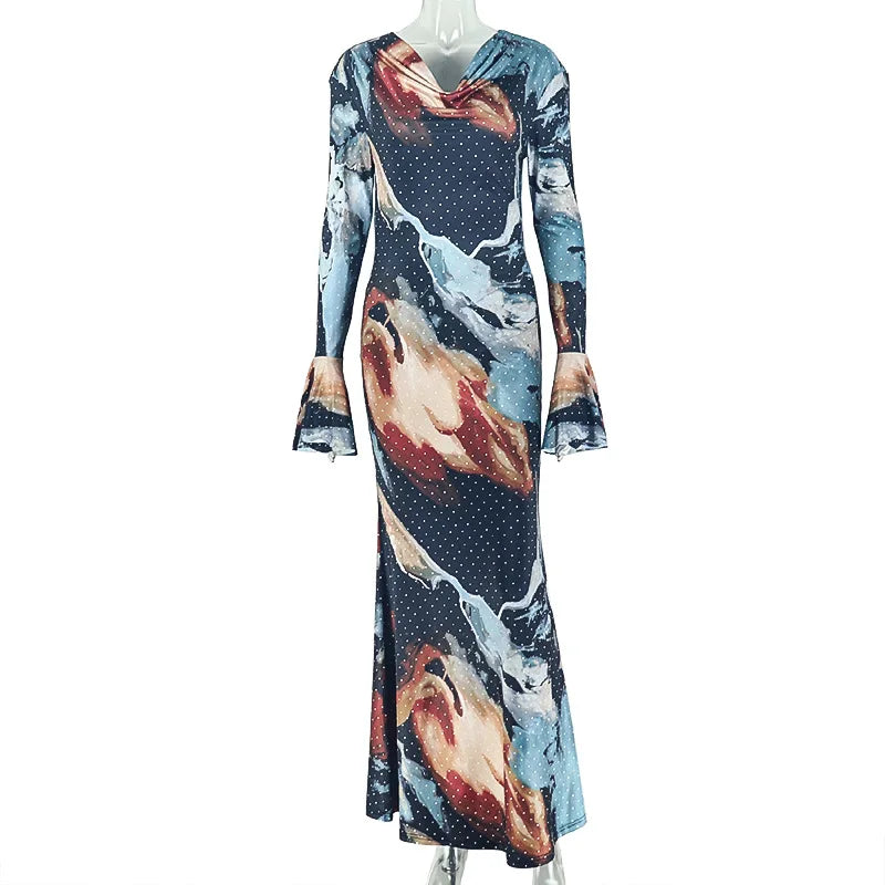 Colorful Print Dress Women Fashion Trend Skew Collar Puff Sleeve Stretch Elegant Vacation Party Club Long Bodycon