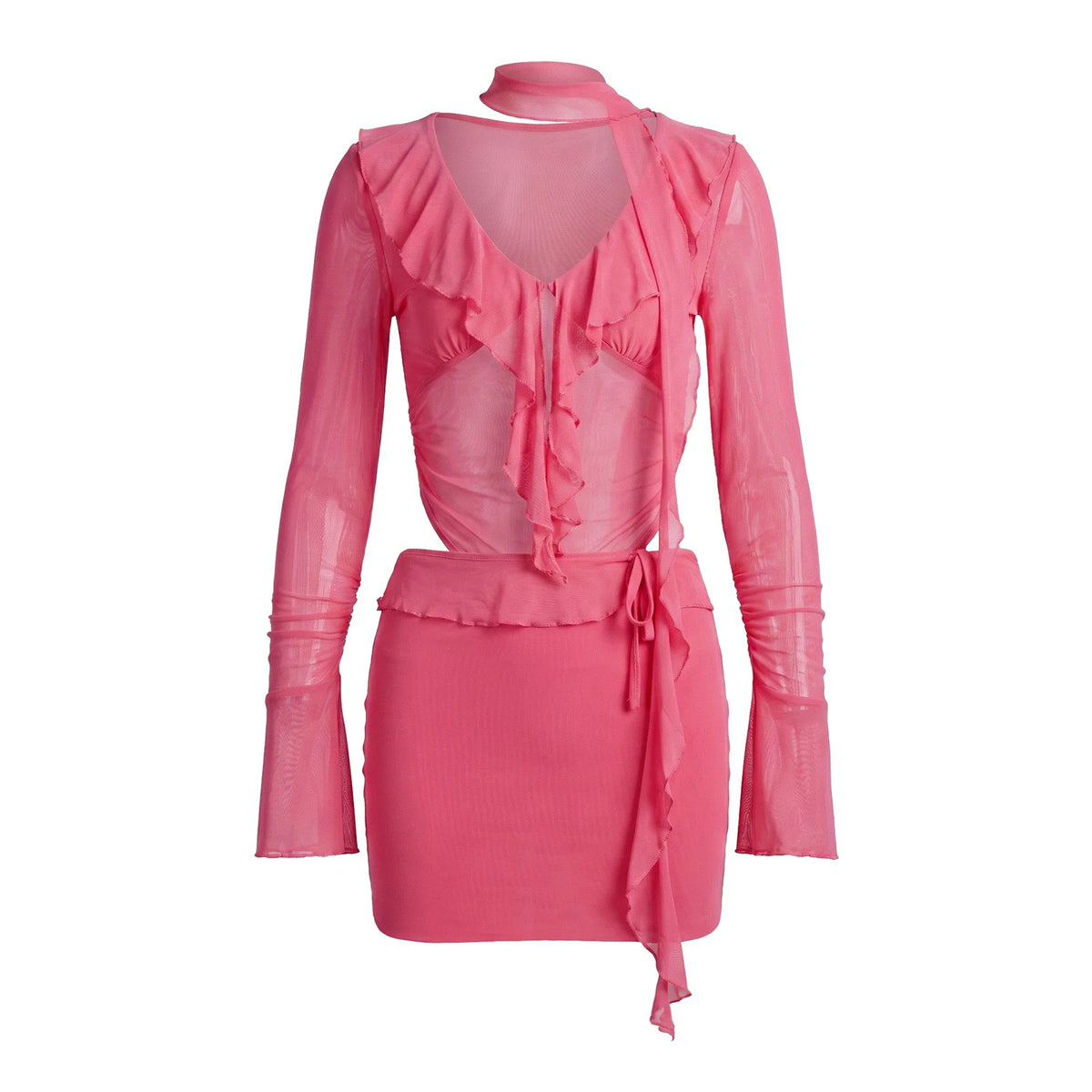 Women Y2K Sheer Mesh Bodycon Mini Dress Ruffle Detail Flare Long Sleeve Deep V Choker Cutout Slim Party Nightclub Dress