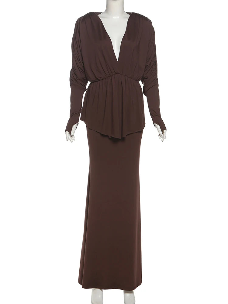 Elegant 2 Piece Set Women V-Neck Shoulder Pads Long Sleeves Folds Tops+Long Skirts Solid Banquet Party Fashion Suits