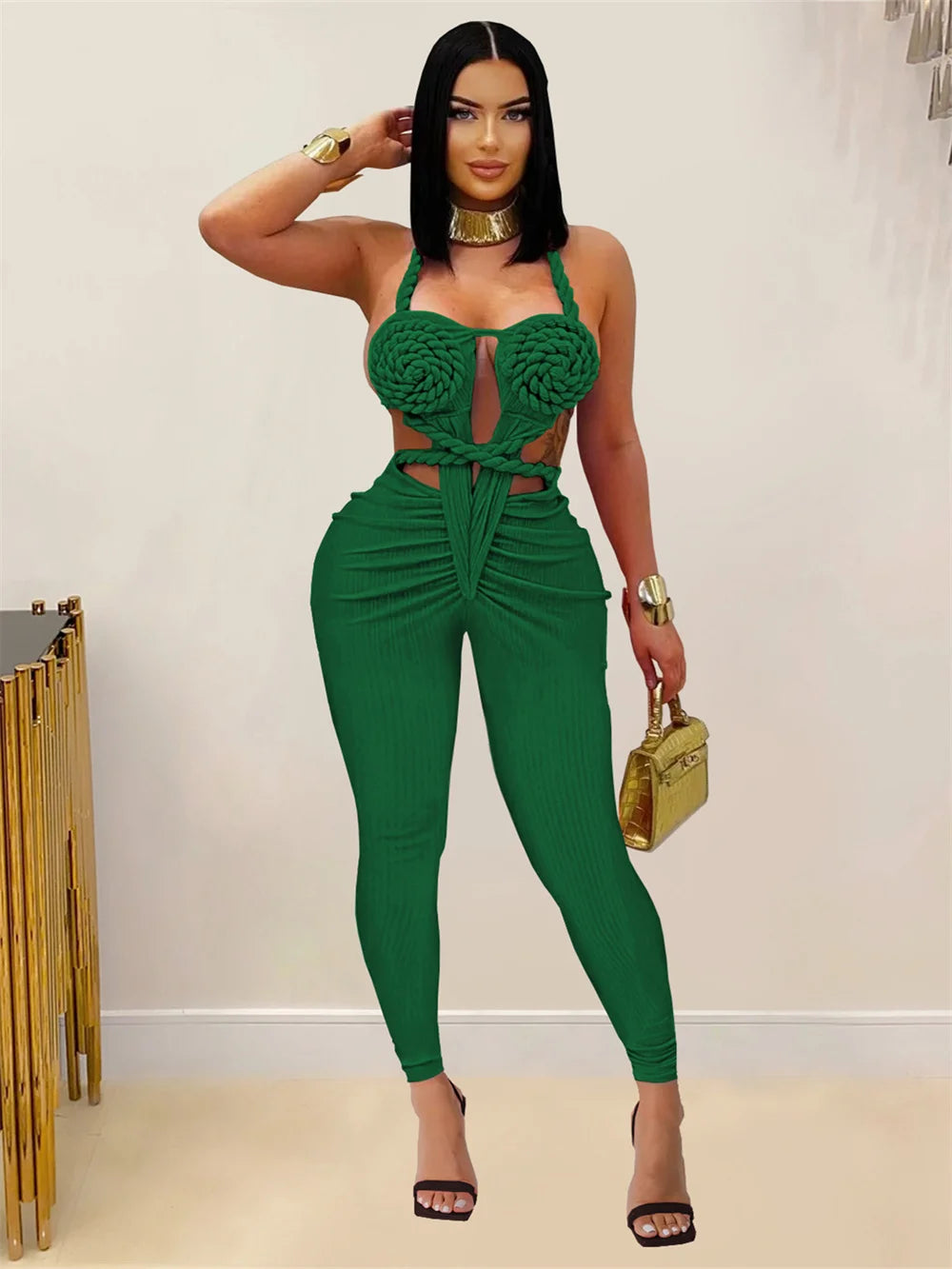 Peach Buttocks Backless Jumpsuit Women Plait Sexy Hollow Halter Bandage Ruched Y2K Party Club Street Workout Overalls