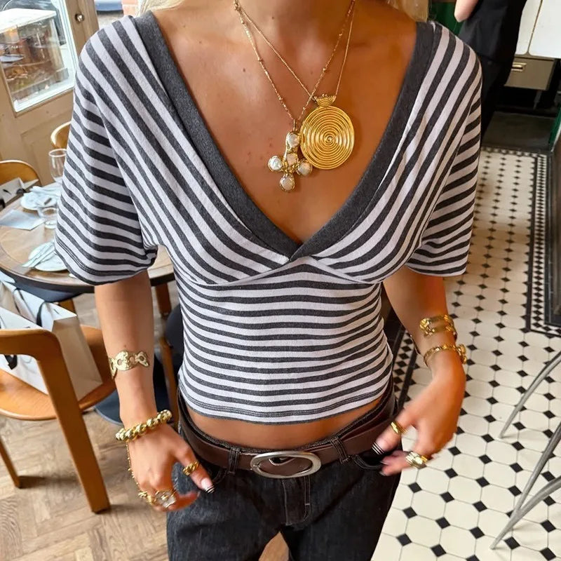 Striped Casual Tshirt Woman Clothes Fashion Deep V-Neck Batwing Sleeve Crop Tops Summer 2026