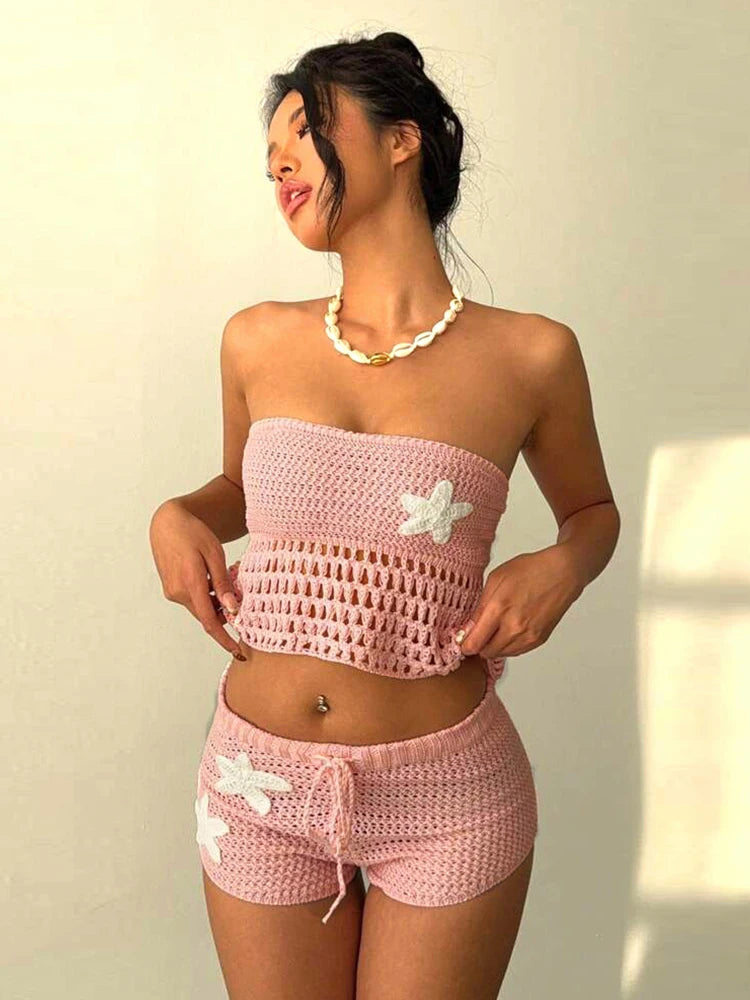 Crochet Women 2 Piece Set Sexy Applique Hollow Beach Back Bandage Strapless Tops+Shorts Midnight Vacation Clubwear