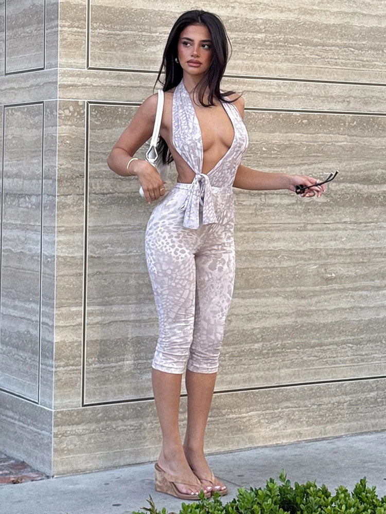 Serpentine Print Jumpsuits Women Irregular Hollow Halter Low-Neck Ruched Knot Backless Skinny Peach Buttocks Overalls